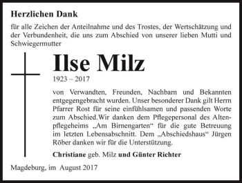 Traueranzeige von Ilse Milz  von Magdeburger Volksstimme