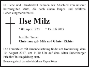 Traueranzeige von Ilse Milz  von Magdeburger Volksstimme