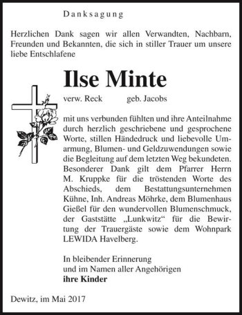 Traueranzeige von Ilse Minte (verw. Reck, geb. Jacobs)  von Magdeburger Volksstimme