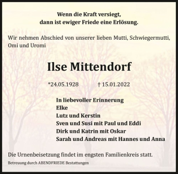 Traueranzeige von Ilse Mittendorf  von Magdeburger Volksstimme