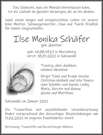 Traueranzeige von Ilse Monika Schäfer (geb. Günther)  von Magdeburger Volksstimme
