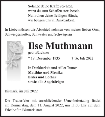 Traueranzeige von Ilse Muthmann (geb. Bürckner)  von Magdeburger Volksstimme