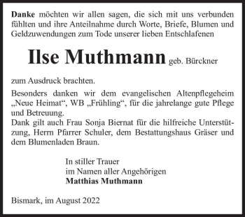 Traueranzeige von Ilse Muthmann (geb. Bürckner)  von Magdeburger Volksstimme