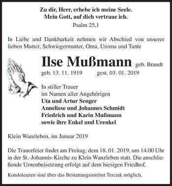 Traueranzeige von Ilse Mußmann (geb. Brandt)  von Magdeburger Volksstimme