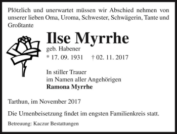 Traueranzeige von Ilse Myrrhe (geb. Habener)  von Magdeburger Volksstimme