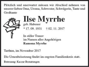 Traueranzeige von Ilse Myrrhe (geb. Habener)  von Magdeburger Volksstimme