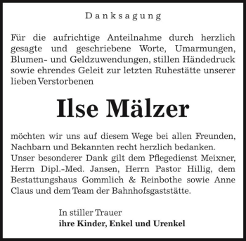 Traueranzeige von Ilse Mälzer  von Magdeburger Volksstimme