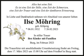 Traueranzeige von Ilse Möhring (geb. Klöpzig)  von Magdeburger Volksstimme