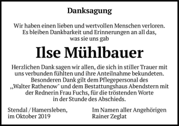 Traueranzeige von Ilse Mühlbauer  von Magdeburger Volksstimme