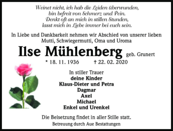Traueranzeige von Ilse Mühlenberg (geb. Grunert)  von Magdeburger Volksstimme