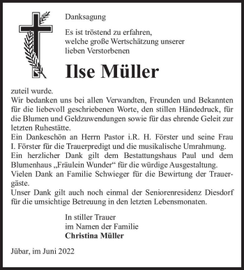 Traueranzeige von Ilse Müller  von Magdeburger Volksstimme