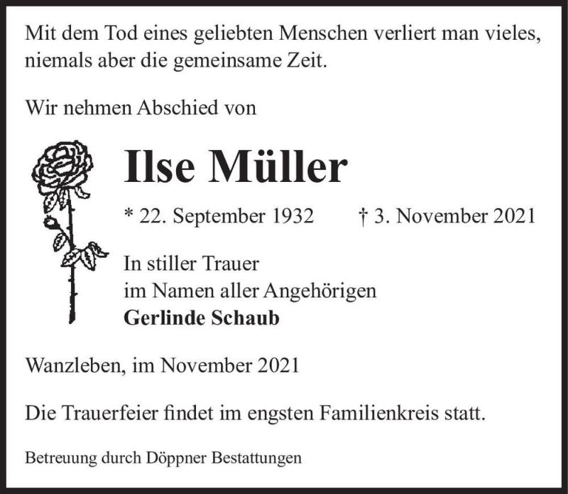  Traueranzeige für Ilse Müller  vom 13.11.2021 aus Magdeburger Volksstimme