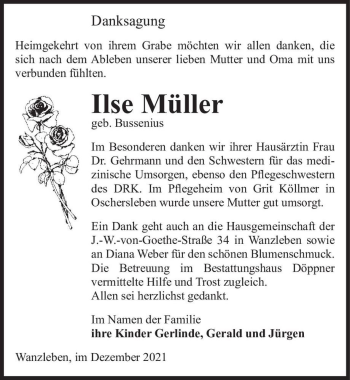 Traueranzeige von Ilse Müller (geb. Bussenius)  von Magdeburger Volksstimme