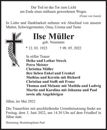 Traueranzeige von Ilse Müller (geb. Neumann)  von Magdeburger Volksstimme