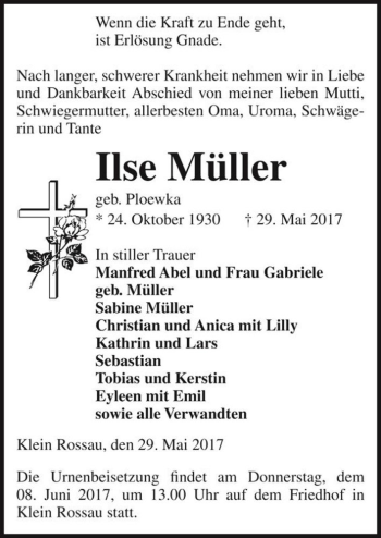 Traueranzeige von Ilse Müller (geb. Ploewka)  von Magdeburger Volksstimme