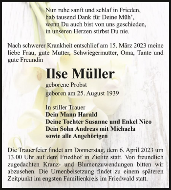 Traueranzeige von Ilse Müller (geb. Probst)  von Magdeburger Volksstimme