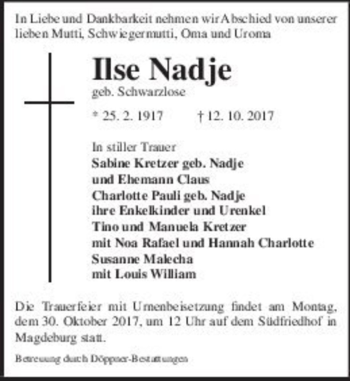 Traueranzeige von Ilse Nadje (geb. Schwarzlose)  von Magdeburger Volksstimme