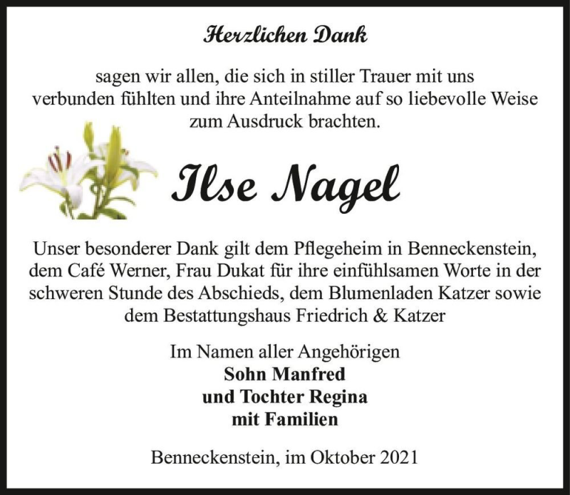  Traueranzeige für Ilse Nagel  vom 30.10.2021 aus Magdeburger Volksstimme
