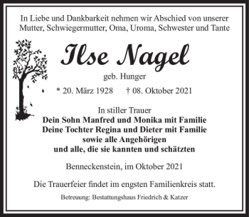 Traueranzeige von Ilse Nagel (geb. Hunger)  von Magdeburger Volksstimme