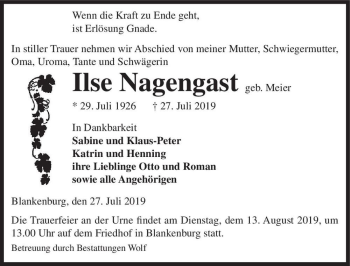 Traueranzeige von Ilse Nagengast (geb. Meier)  von Magdeburger Volksstimme