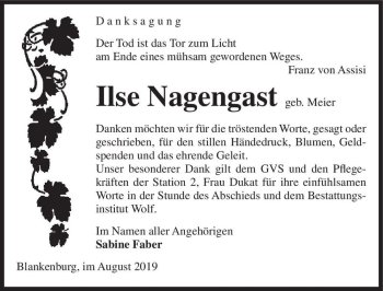 Traueranzeige von Ilse Nagengast (geb. Meier)  von Magdeburger Volksstimme