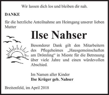 Traueranzeige von Ilse Nahser  von Magdeburger Volksstimme