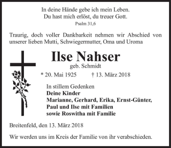 Traueranzeige von Ilse Nahser (geb. Schmidt)  von Magdeburger Volksstimme