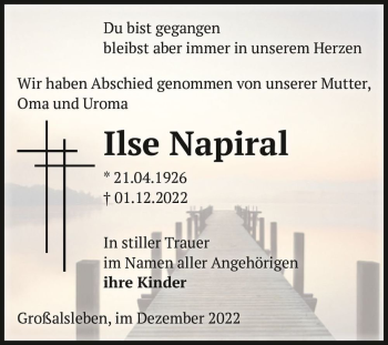Traueranzeige von Ilse Napiral  von Magdeburger Volksstimme