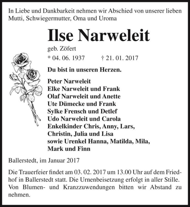  Traueranzeige für Ilse Narweleit (geb. Zöfert)  vom 28.01.2017 aus Magdeburger Volksstimme