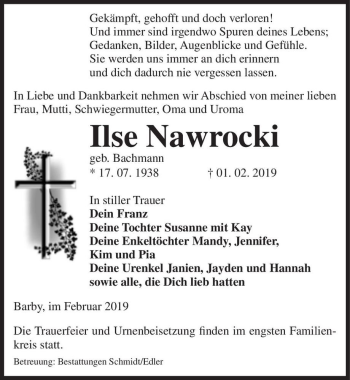 Traueranzeige von Ilse Nawrocki (geb. Bachmann)  von Magdeburger Volksstimme