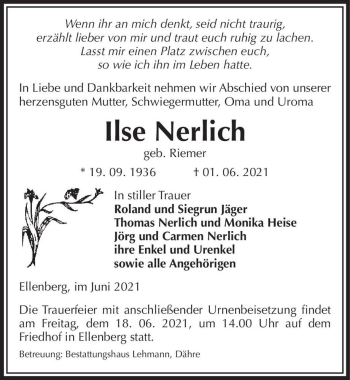 Traueranzeige von Ilse Nerlich (geb. Riemer)  von Magdeburger Volksstimme