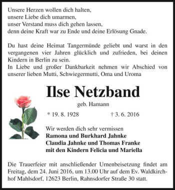 Traueranzeige von Ilse Netzband (geb. Hamann)  von Magdeburger Volksstimme