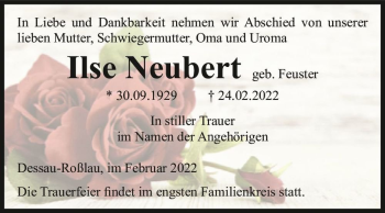 Traueranzeige von Ilse Neubert (geb. Feuster)  von Magdeburger Volksstimme