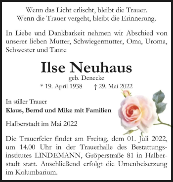 Traueranzeige von Ilse Neuhaus (geb. Denecke)  von Magdeburger Volksstimme