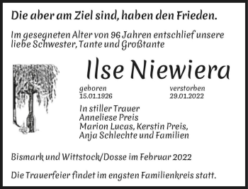 Traueranzeige von Ilse Niewiera  von Magdeburger Volksstimme