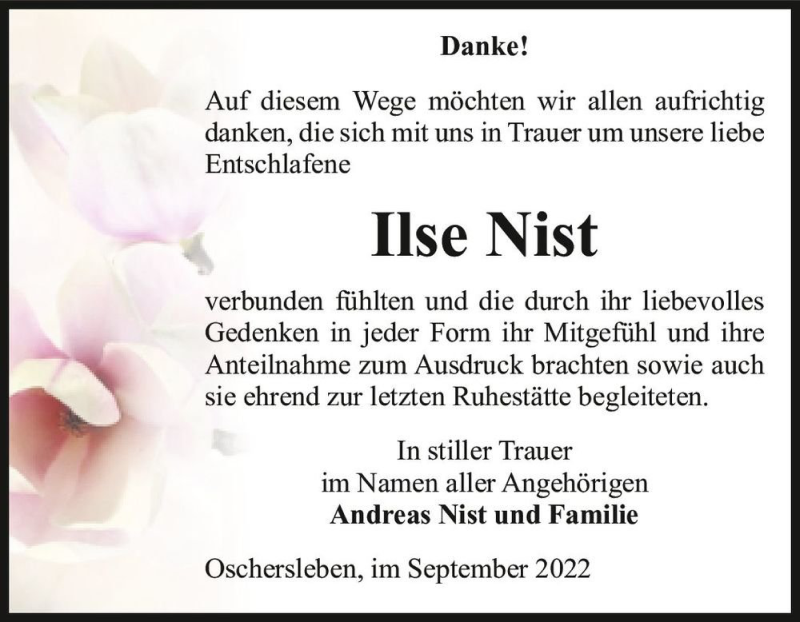  Traueranzeige für Ilse Nist  vom 17.09.2022 aus Magdeburger Volksstimme
