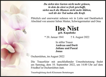 Traueranzeige von Ilse Nist (geb. Kapahnke)  von Magdeburger Volksstimme