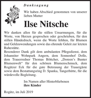 Traueranzeige von Ilse Nitsche  von Magdeburger Volksstimme