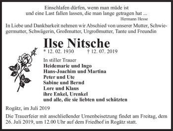 Traueranzeige von Ilse Nitsche  von Magdeburger Volksstimme