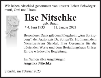 Traueranzeige von Ilse Nitschke (geb. Braun)  von Magdeburger Volksstimme