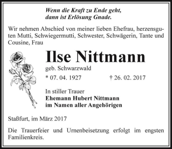 Traueranzeige von Ilse Nittmann (geb. Schwarzwald)  von Magdeburger Volksstimme