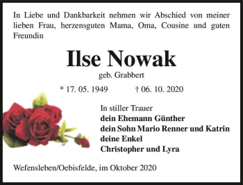 Traueranzeige von Ilse Nowak (geb. Grabbert)  von Magdeburger Volksstimme