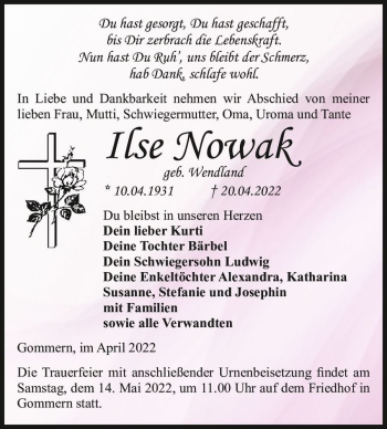 Traueranzeige von Ilse Nowak (geb. Wendland)  von Magdeburger Volksstimme