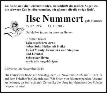 Traueranzeige von Ilse Nummert (geb. Harnack)  von Magdeburger Volksstimme