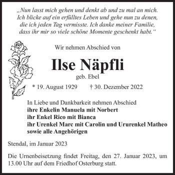 Traueranzeige von Ilse Näpfli (geb. Ebel)  von Magdeburger Volksstimme