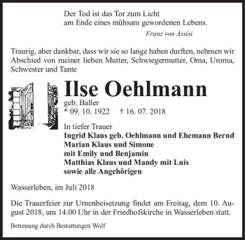 Traueranzeige von Ilse Oehlmann (geb. Baller)  von Magdeburger Volksstimme