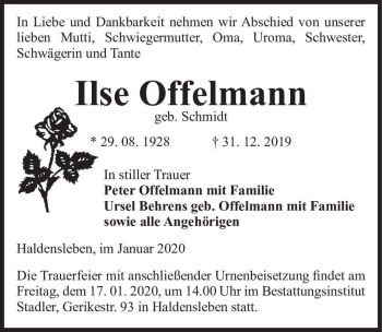 Traueranzeige von Ilse Offelmann (geb. Schmidt)  von Magdeburger Volksstimme