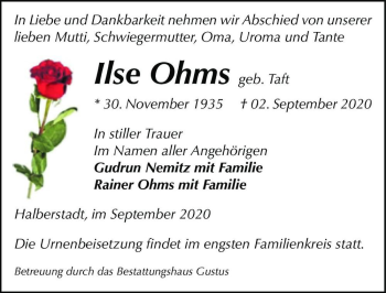 Traueranzeige von Ilse Ohms (geb. Taft)  von Magdeburger Volksstimme