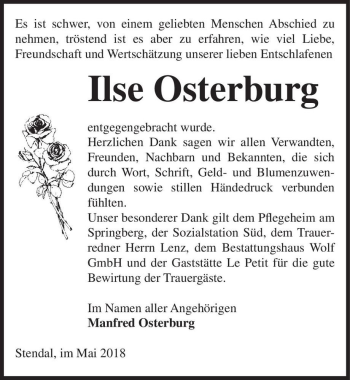 Traueranzeige von Ilse Osterburg  von Magdeburger Volksstimme