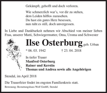 Traueranzeige von Ilse Osterburg (geb. Urban)  von Magdeburger Volksstimme